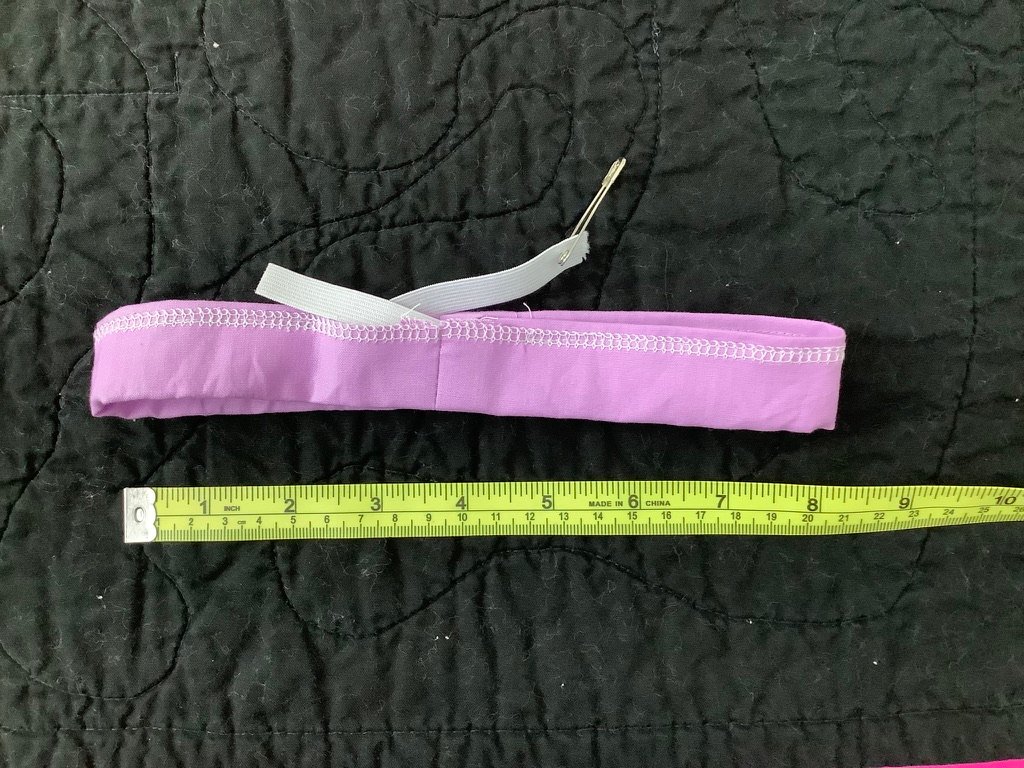 mock up waistband, 16" diameter, 1" wide, cotton fabric, lavender color, elastic not sewn together at ends