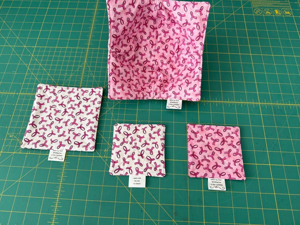 Set of bowl cozy, jar opener, and 2 coasters